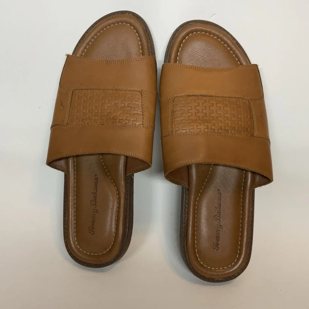 Tommy Bahama‎ Gennadi Palms Slide Sandals Men's Sz 11 Brown Textured Leather